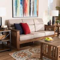 Baxton Studio SW3513-Taupe/Walnut-M17-SF Charlotte Modern Classic Mission Style Taupe Fabric Upholstered Walnut Brown Finished Wood 3-Seater Sofa